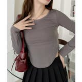 グレー | Uネック サイドギャザー シンプル長袖 Tシャツ | Ada.