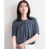 ネイビー | バルーンヘム幾何柄ブラウス UVカット 接触冷感 | OFUON