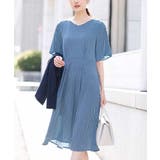 ブルー | フレアースリーブ幾何柄ワンピース/洗える | OFUON