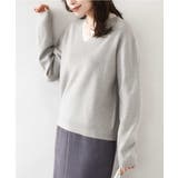 グレー | Vネックレース片畦編みニット/洗える/WEB限定サイズあり | OFUON