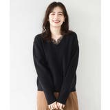 ブラック | Vネックレース片畦編みニット/洗える/WEB限定サイズあり | OFUON
