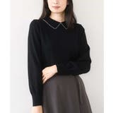 ブラック | パール調ビーズ衿付きハイゲージニット/洗える | OFUON