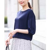 ネイビー | ボートネック五分袖ニット/洗える | OFUON