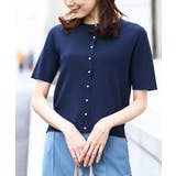 ネイビー | パール調釦デザイン五分袖ニットカーディガン/洗える | OFUON