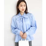 ライトブルー | ボウタイ付きスタンドネックコットンブラウス/洗える | MK MICHEL KLEIN