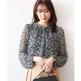 ネイビー | ギャザーフリルネック花柄シフォンブラウス/洗える | MK MICHEL KLEIN