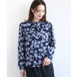 ネイビー | ボウタイ付き花柄シフォンブラウス/洗える | MK MICHEL KLEIN