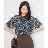 ネイビー | タックスリーブ花柄シフォンブラウス/洗える | MK MICHEL KLEIN