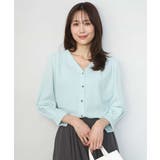 ミントブルー | Vネックサテンブラウス/洗える | MK MICHEL KLEIN