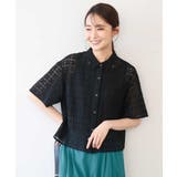 ブラック | [洗える]幾何レース五分袖シャツブラウス | MK MICHEL KLEIN