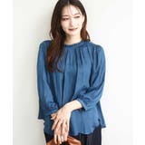 ブルーグリーン | フリルギャザーネックサテンブラウス/接触冷感/洗える | MK MICHEL KLEIN