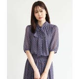 ブルー | [洗える]ジオメトリック柄リボンタイ付きブラウス | MK MICHEL KLEIN