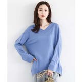 ブルー | 配色ラインVネックニット/洗える | MK MICHEL KLEIN