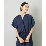 ネイビー | [セットアップ対応]ギャザーブラウス サッカー無地 | MICHEL KLEIN