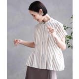 ライトブルー | ストライプ柄デザインタックブラウス | MICHEL KLEIN