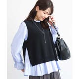 ブラック | [洗える]フリルハイネックブラウス×ニットベスト ツインセット | MK MICHEL KLEIN