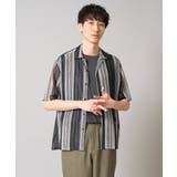 ブラック | 【洗える】ランダムストライプ五分袖オープンカラーシャツ | a.v.v【MEN】