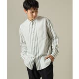グリーンストライプ | 【やわらかい着心地】ランダムストライプ柄ツイルセミワイドシルエットバンドシャツ | a.v.v【MEN】