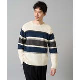 ダークブルー系 | 【洗濯機で洗える】モールボーダークルーネックニット | a.v.v【MEN】