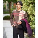 ブラウン | 【洗濯機で洗える】チェックジャカードクルーネックニット | a.v.v【MEN】