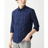 ネイビー | 【大きいサイズあり】七分袖シャツ/インディゴタイプライターチェック | MK MICHEL KLEIN homme