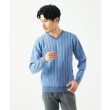 ライトブルー | 【Vネック/洗濯機で洗える】ランダムタック ストライプニット | MK MICHEL KLEIN homme