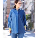 ブルー(55) | 【大きいサイズ/11号サイズあり】2WAYパッチワーク風デニムシャツ | eur3