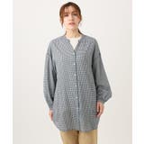 ホワイト(ギンガムチェック) | 【大きいサイズ】バンドカラーコットンブラウス | eur3