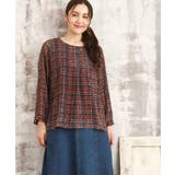 オレンジ(15) | 【大きいサイズ】カットジャカードチェック柄ブラウス | eur3