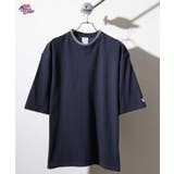 ネイビー | カノコクルーネック襟ライン半袖Tシャツ | JEMORGAN