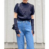 ブラック | アームウォーマー付きクルーネック半袖ニットトップス | Jewelobe