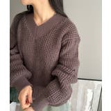ブラウン | ワッフル編みVネックルーズニット | Jewelobe
