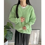 グリーン | ワッフル編みVネックルーズニット | Jewelobe