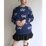 ネイビー | リボンジャガードニットプルオーバー | Jewelobe