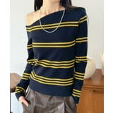 ネイビー | アシンメトリーボーダータイトニットトップス | Jewelobe