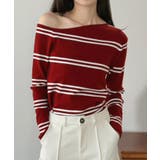レッド | アシンメトリーボーダータイトニットトップス | Jewelobe