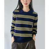 ネイビー | カラードッキングマルチボーダーニット | Jewelobe