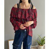 レッド | ラッフルカラー2wayチェックブラウス | Jewelobe