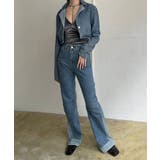 ブルー | クロップドテーラージャケット×ベルボトムルーズパンツ デニムセットアップ | Jewelobe