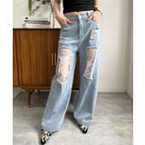 ブルー | レースカバードダメージワイドデニムパンツ | Jewelobe