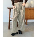 ベージュ | ストライプ×フロッキーハートワイドパンツ | Jewelobe