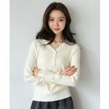 オフホワイト | ダブルカフスヘンリーVネックニットトップス | Jewelobe