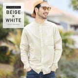 ベージュ×ホワイト | 定番◆綿麻ストライプバンドカラーシャツ◆ | JIGGYS SHOP