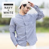 ネイビー×ホワイト | 定番◆綿麻ストライプバンドカラーシャツ◆ | JIGGYS SHOP