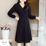 ブラック | ニットワンピース バルーン袖 ウエストタック | JOCOSA