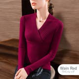 ワインレッド | ニットトップス カシュクール風 Vネック | JOCOSA
