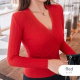 レッド | ニットトップス カシュクール風 Vネック | JOCOSA