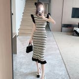 ボーダー柄ワンピース 肩フリル マーメイド風 | JS FASHION | 詳細画像5