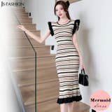 ボーダー柄ワンピース 肩フリル マーメイド風 | JS FASHION | 詳細画像2