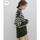 ブラック系(02) | 【洗える】ボーダー＆無地バックスリットニット【sustainable】 | VIS 